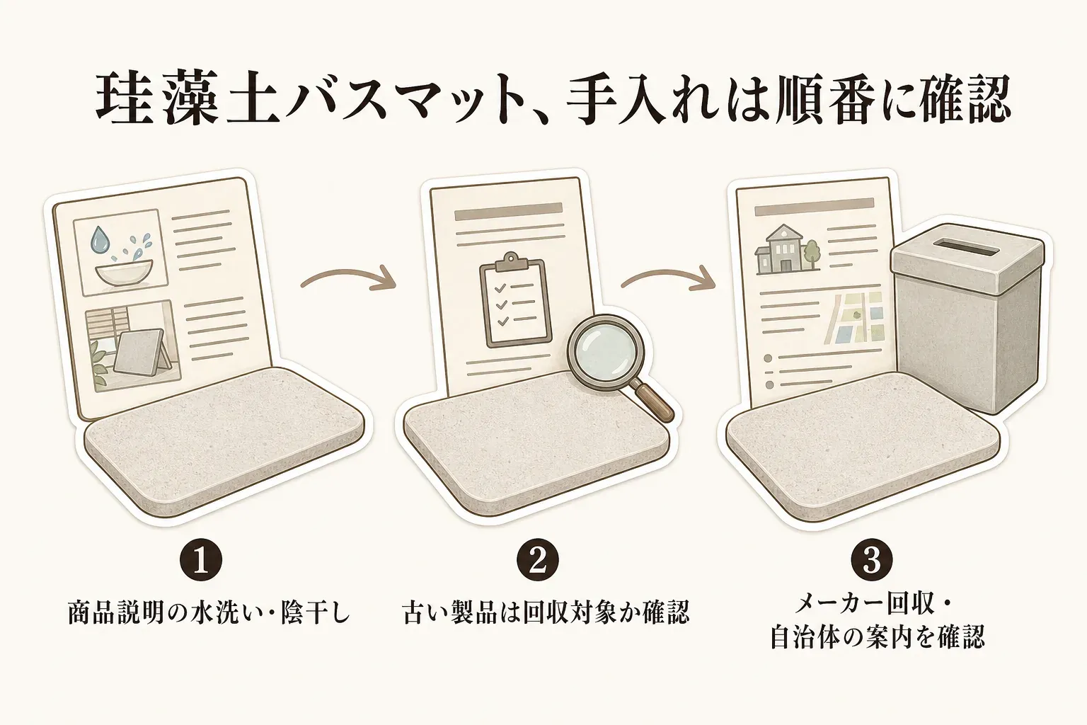 珪藻土バスマットは、商品説明にある水洗いと陰干しを確認し、古い製品は回収対象かを確認したうえで、メーカー回収または自治体の案内に従う手入れと廃棄の3手順を示す図。出典：消費者庁・環境省の案内