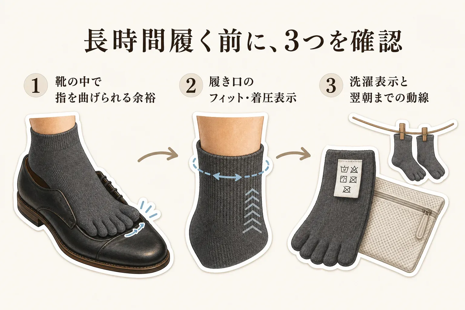 5本指靴下を長時間履く前の確認点として、靴の中で指を曲げられるつま先の余裕、履き口のフィット・着圧表示、洗濯表示と翌朝までの洗濯動線の3つを示す図