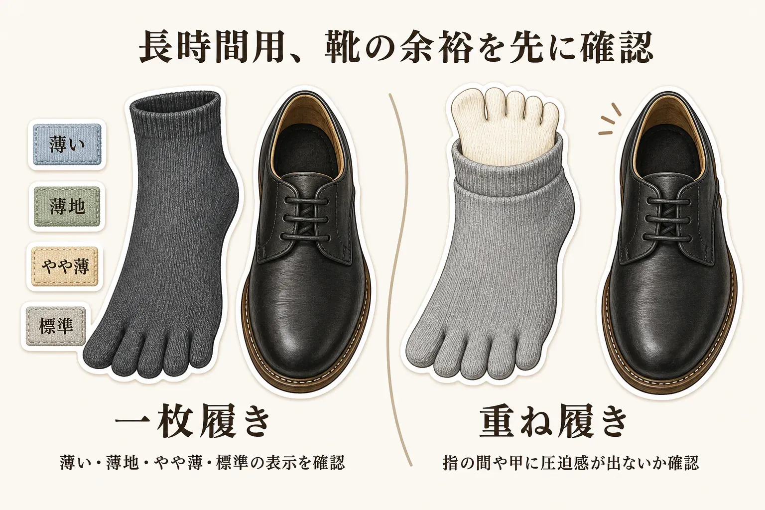 長時間用の5本指靴下を選ぶときの靴内の余裕として、薄い・薄地・やや薄・標準と表示された一枚履きは厚みの表示を確認し、重ね履きは指の間や甲に圧迫感が出ないか確認することを、革靴と並べて示す図