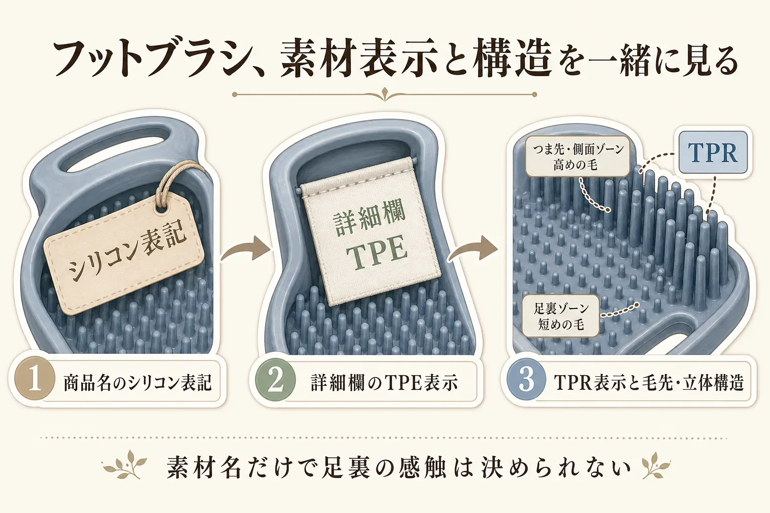 フットブラシの素材表示と構造を確認する図。商品名のシリコン表記、詳細欄のTPE表示、TPR表示のフットブラシにある足裏用の短い毛とつま先・側面用の高めの毛を示し、素材名だけで足裏の感触は決められないと説明