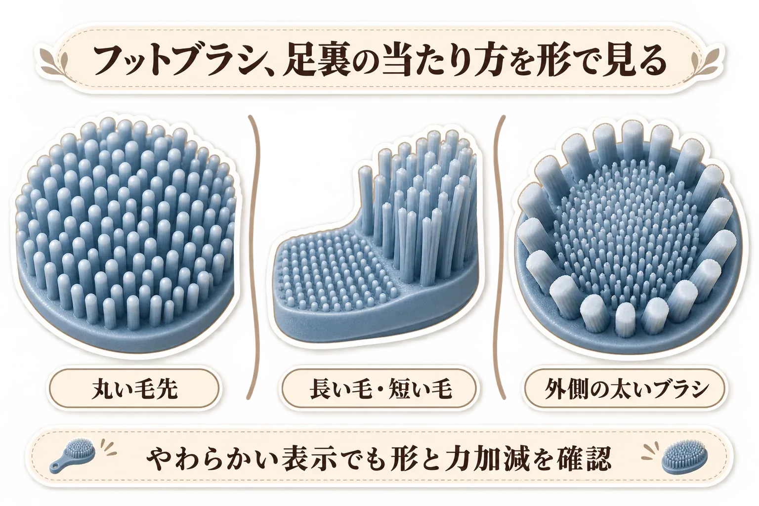 フットブラシの足裏への当たり方を形で比べる図。丸い毛先、長い毛と短い毛を組み合わせた構造、外側に大きく太いブラシがある形を示し、やわらかい表示でも形と力加減を確認するよう案内