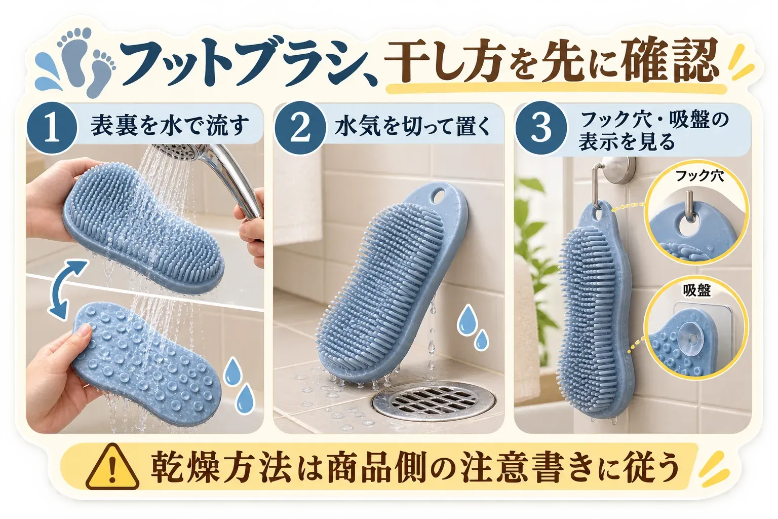 フットブラシを干す前の手順を示す図。表面と裏面を水で流し、水気を切って置き、フック穴または吸盤の表示を確認して吊り下げる流れと、乾燥方法は商品側の注意書きに従う注意を示す