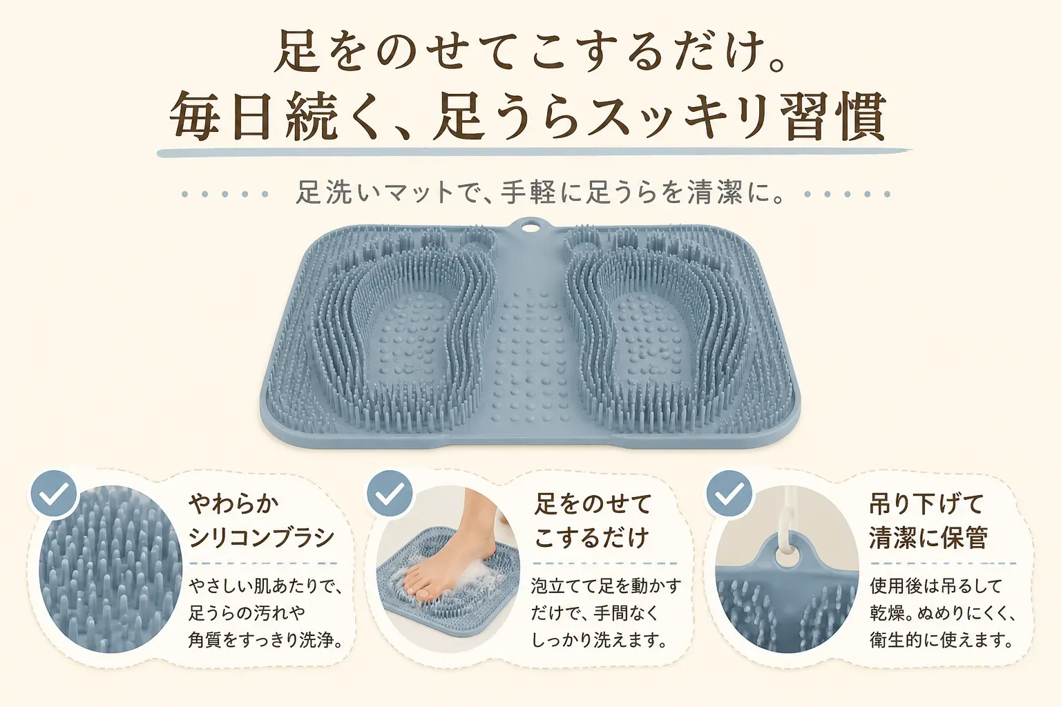 足洗いマットの使い方として、やわらかなブラシに足をのせてこすり、使用後はフック穴から吊り下げて乾燥・保管する流れを示す図