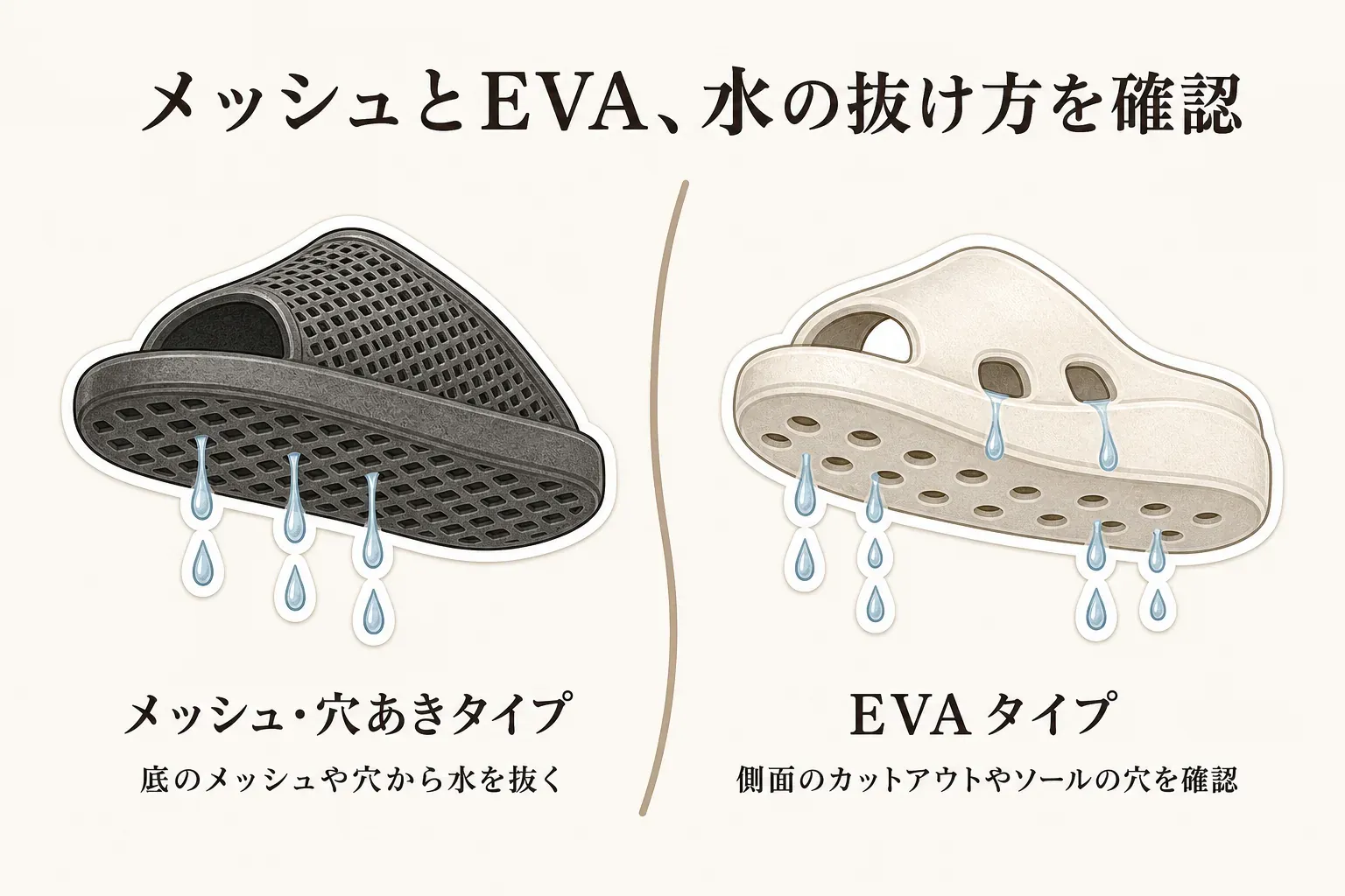 メッシュ・穴あきタイプは底のメッシュや穴から水を抜き、EVAタイプは側面のカットアウトやソールの穴を確認する、水の抜け方の違いを示す図