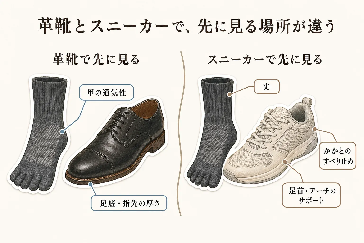 革靴では甲の通気性と足底・指先の厚さ、スニーカーでは丈・かかとのすべり止め・足首とアーチのサポートを先に確認することを、靴下と靴のイラストで示す図