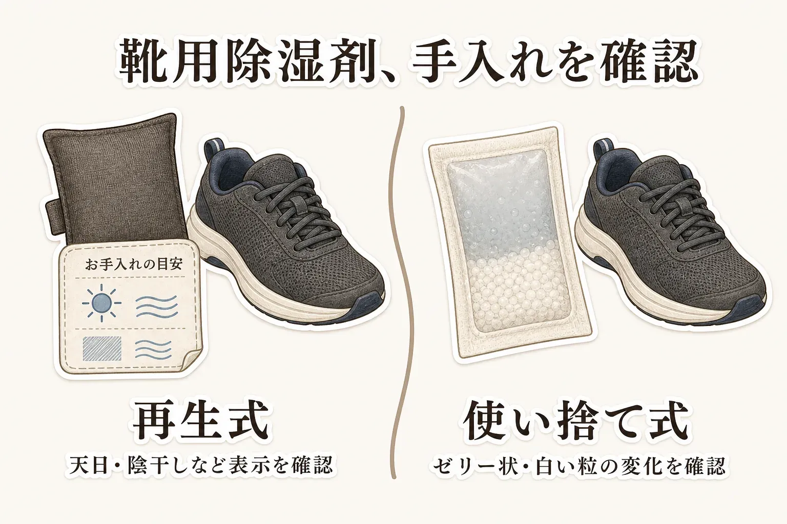 靴用除湿剤の手入れとして、再生式は天日干し・陰干しなど商品表示を確認し、使い捨て式はゼリー状や白い粒の変化を目安に交換する違いを示す図