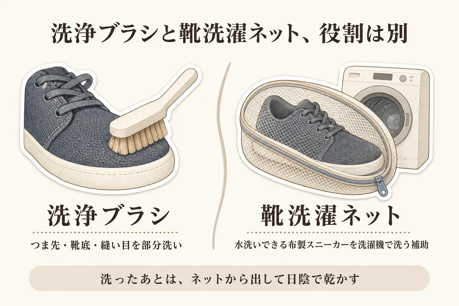 洗浄ブラシはつま先・靴底・縫い目を部分洗いし、靴洗濯ネットは水洗いできる布製スニーカーを洗濯機で洗う補助に使い、洗ったあとはネットから出して日陰で乾かす役割分担を示す図