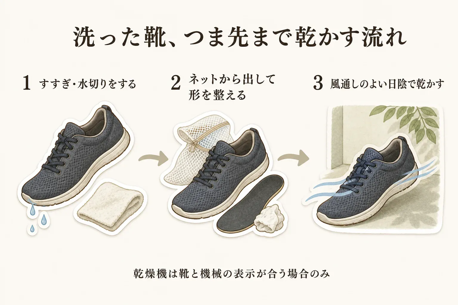 洗った靴をつま先まで乾かす流れとして、すすぎと水切りを行い、靴を洗濯ネットから出して形を整え中敷きを外し、風通しのよい日陰で乾かす3手順と、乾燥機は靴と機械の表示が合う場合のみ使う注意を示す図
