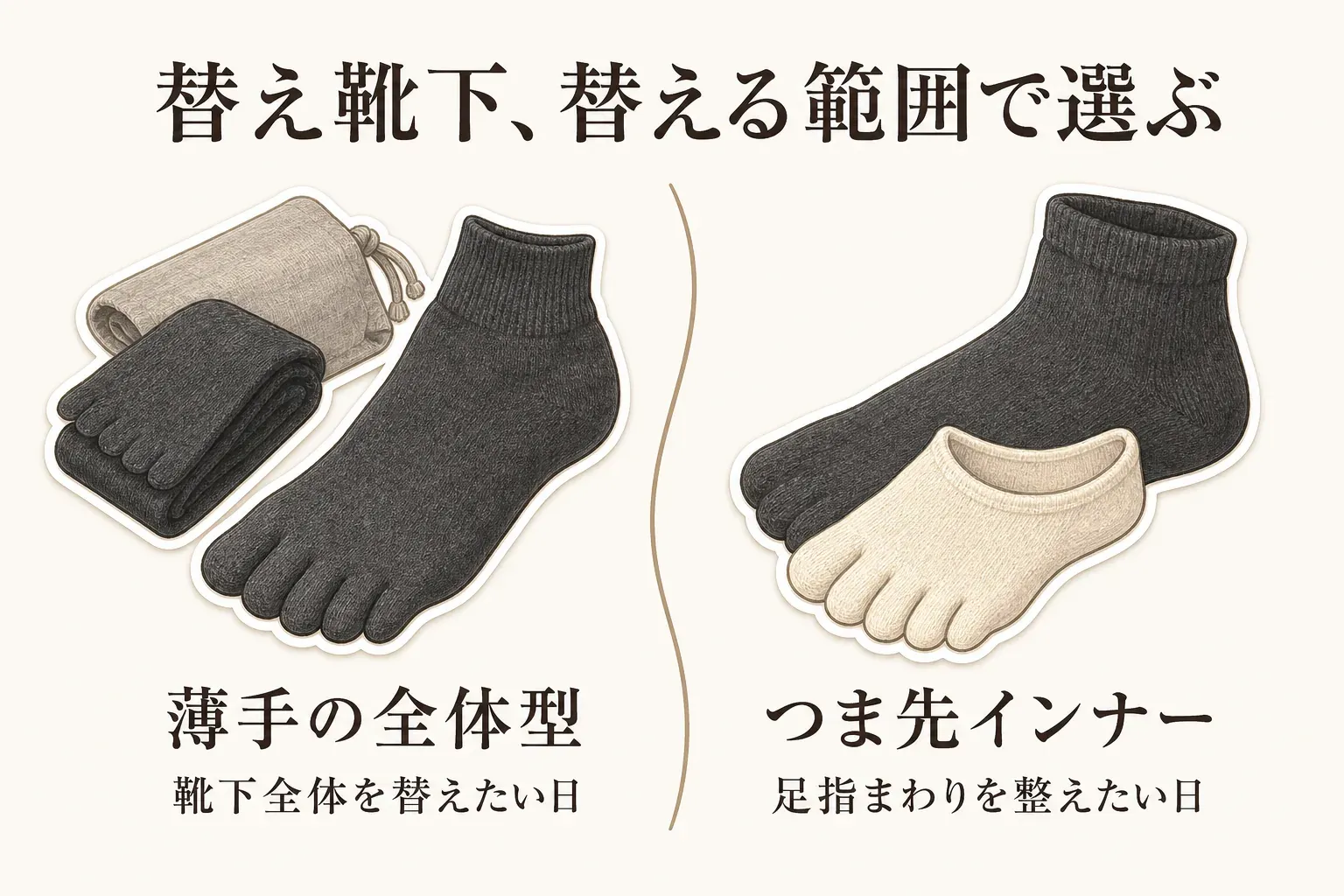 替え靴下の選び方として、薄手の全体型は靴下全体を替えたい日、つま先インナーは足指まわりを整えたい日に向くことを、靴下とインナーのイラストで示す図