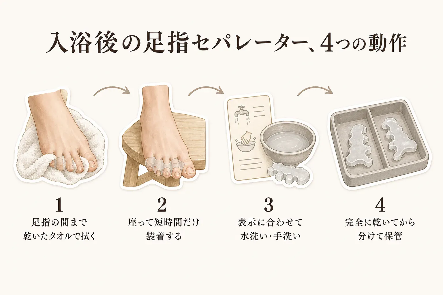 入浴後に足指セパレーターを使う4つの動作として、足指の間まで乾いたタオルで拭く、座って短時間だけ装着する、表示に合わせて水洗い・手洗いする、完全に乾いてから分けて保管する流れを示す図